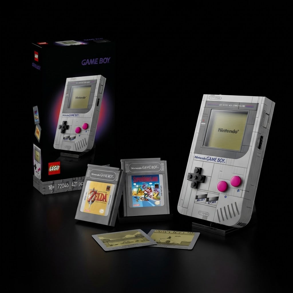 Game Boy Console Building Set – Collectible Brick Model with Interchangeable Game Paks & Display Stand