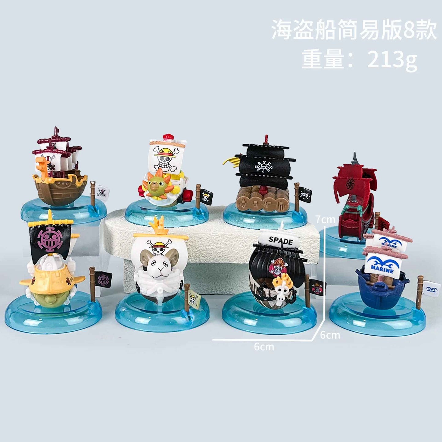 One Piece Pirate Ships Mini Figure Set – 8-Piece Box Collection with Display Bases, Thousand Sunny, Going Merry, and Captain Ships