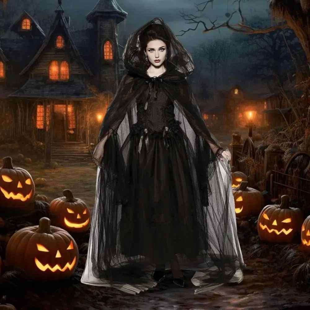 Gothic Black Tulle Hooded Cloak – Sheer Mesh Witch Veil Cape, Victorian Sorceress & Vampire Cosplay Costume Accessory for Halloween