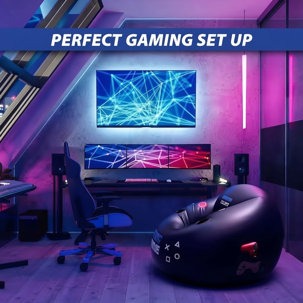 Inflatable Gaming Chair with Cup Holders – "Gaming Time!" Bag Style