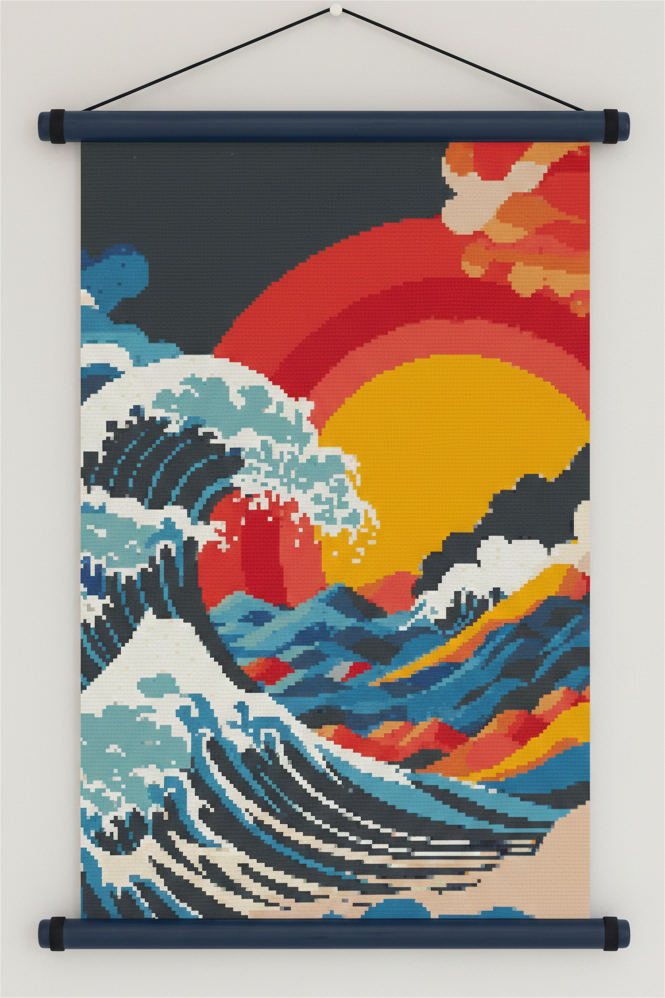 Japanese Retro Pixel Art "The Great Wave" Wall Scroll