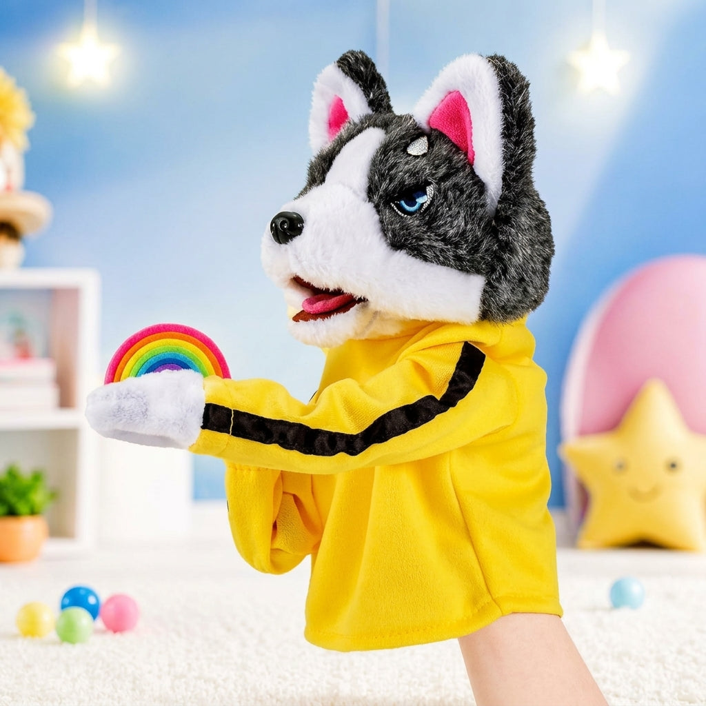 Husky Dog Hand Puppet in Yellow Hoodie – Interactive Plush Storytelling Toy | Geekzilla