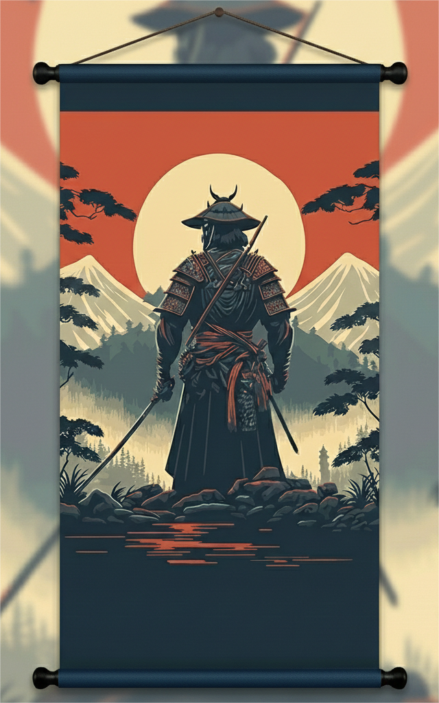 Japanese Samurai Sun & Mountain Landscape Art Wall Scroll