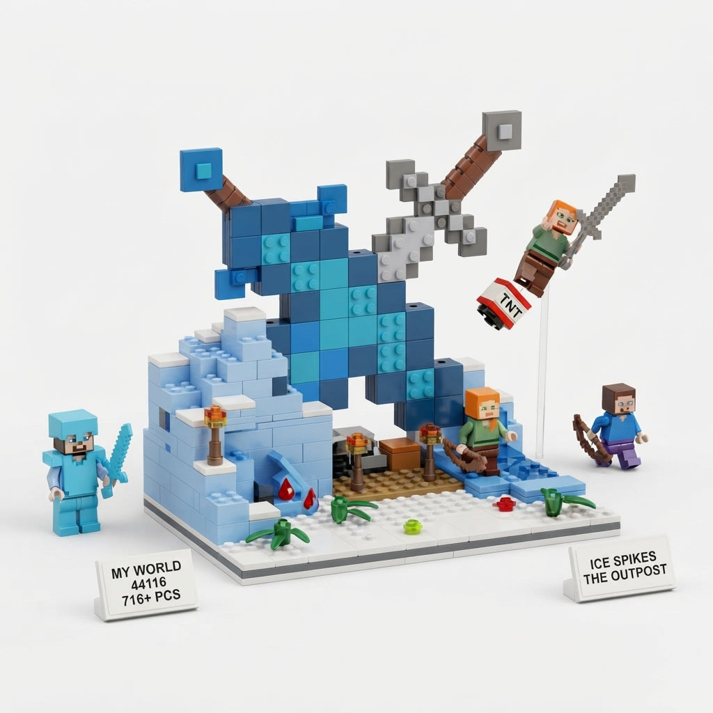 My World Frozen Biome 716+ PCS Building Block Set – Ice Mountain & Pixel Sword Construction Toy | Geekzilla
