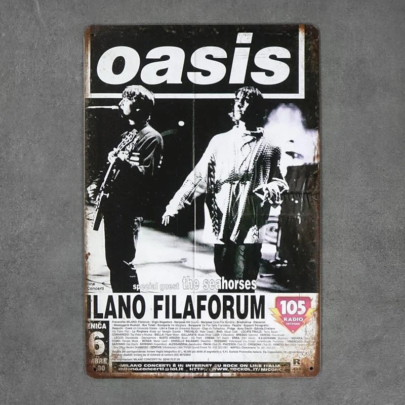 Retro Oasis Concert Metal Poster – Premium Milano Filaforum Vintage 1996 Tin Sign Wall Art