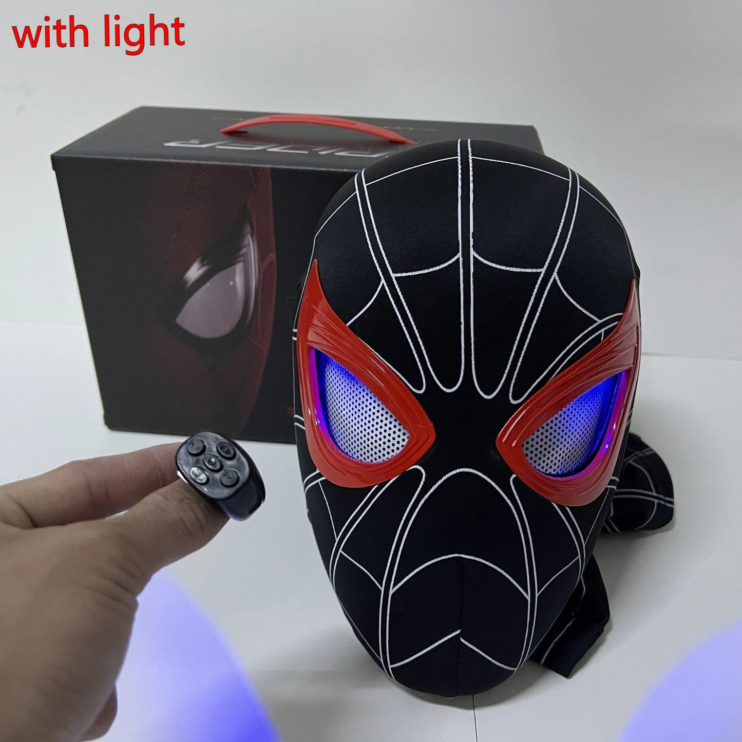 SPIDER MAN MILES MORALE BLACK COSPLAY HEAD MASK - 1:1 SCALE (LIFE-SIZE) WITH MOVING EYES - ELECTRONIC AND MANUAL VARIANT