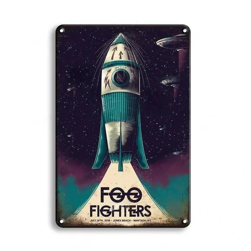 Retro Foo Fighters Concert Metal Poster – Premium Space Rocket Jones Beach Vintage Tin Sign Wall Art