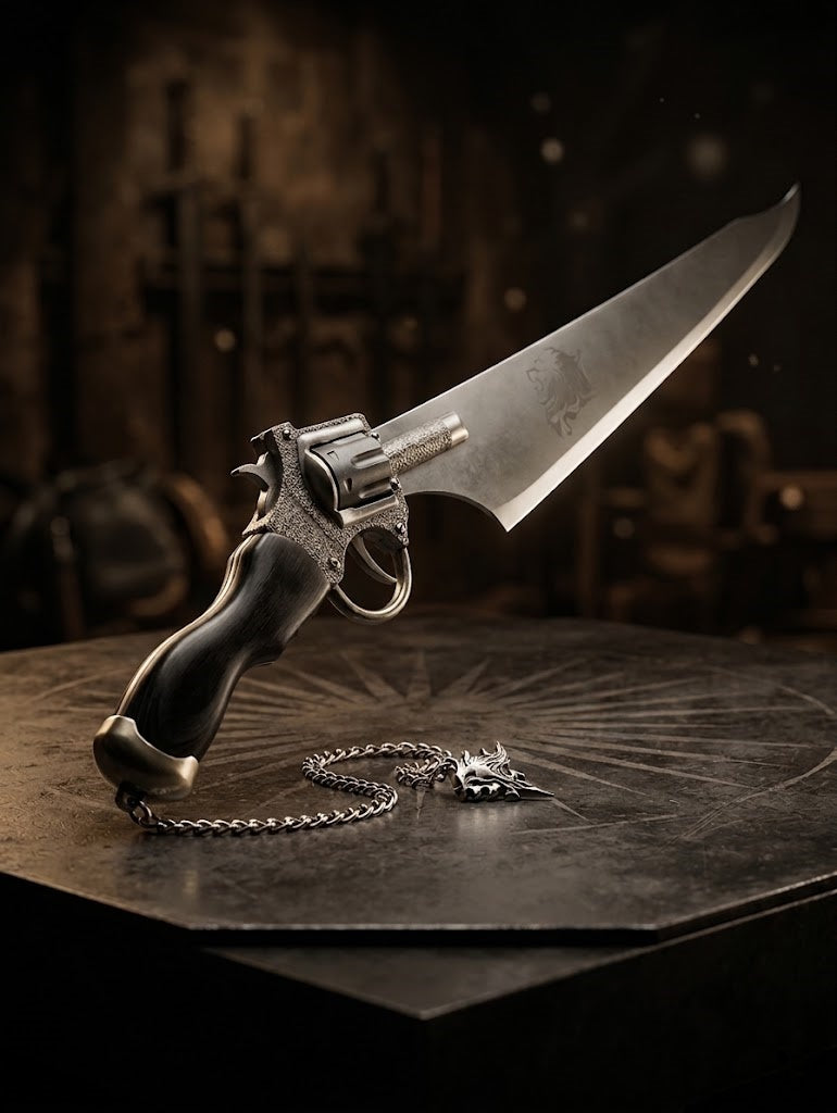 Steampunk Revolver Gun Blade Knife – Premium Engraved Fantasy Hybrid Saber with Wooden Pistol Grip
