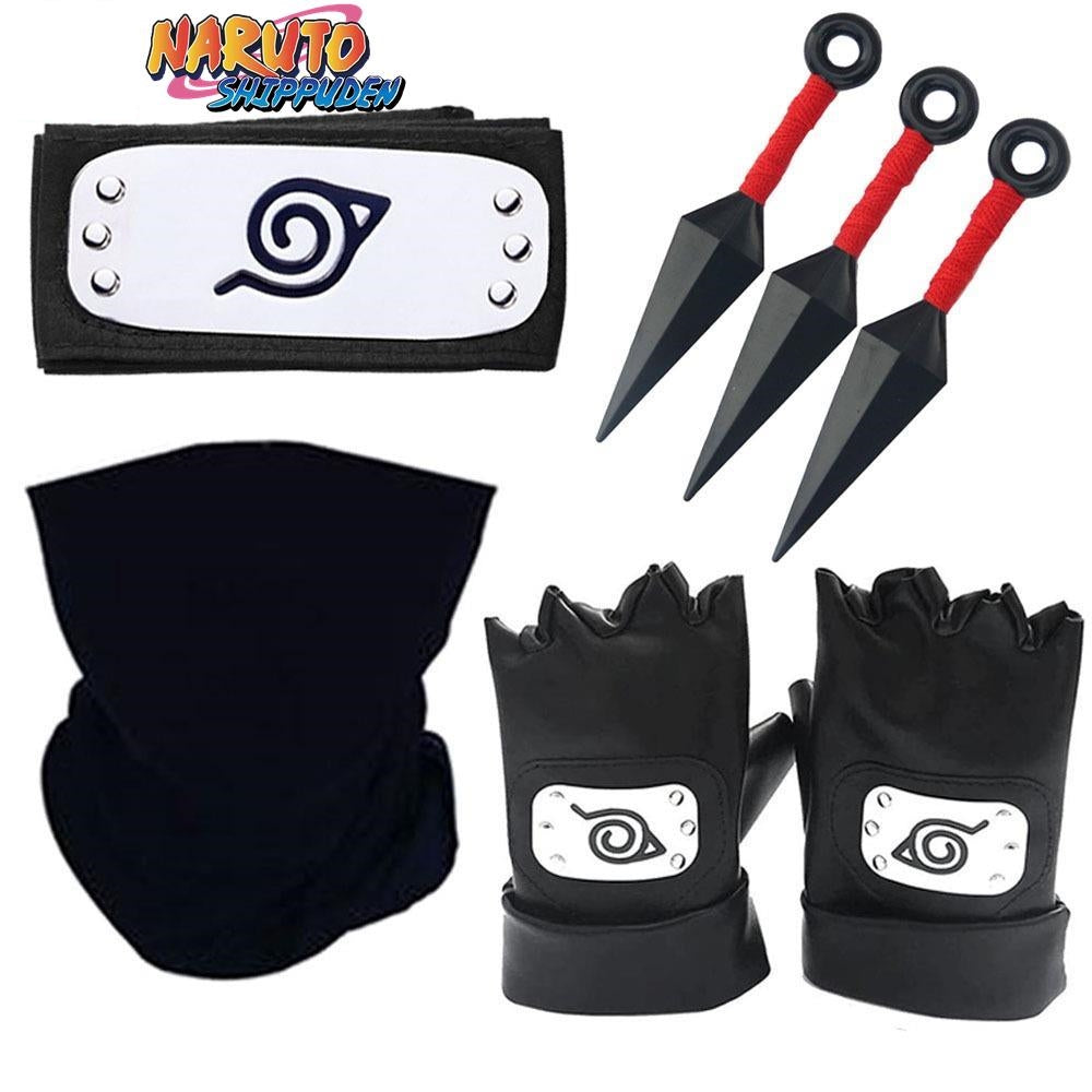 A set of 5 Naruto anime cosplay accessories including a mask, headband, gloves, and shuriken with a depiction of Kakashi Hatake.