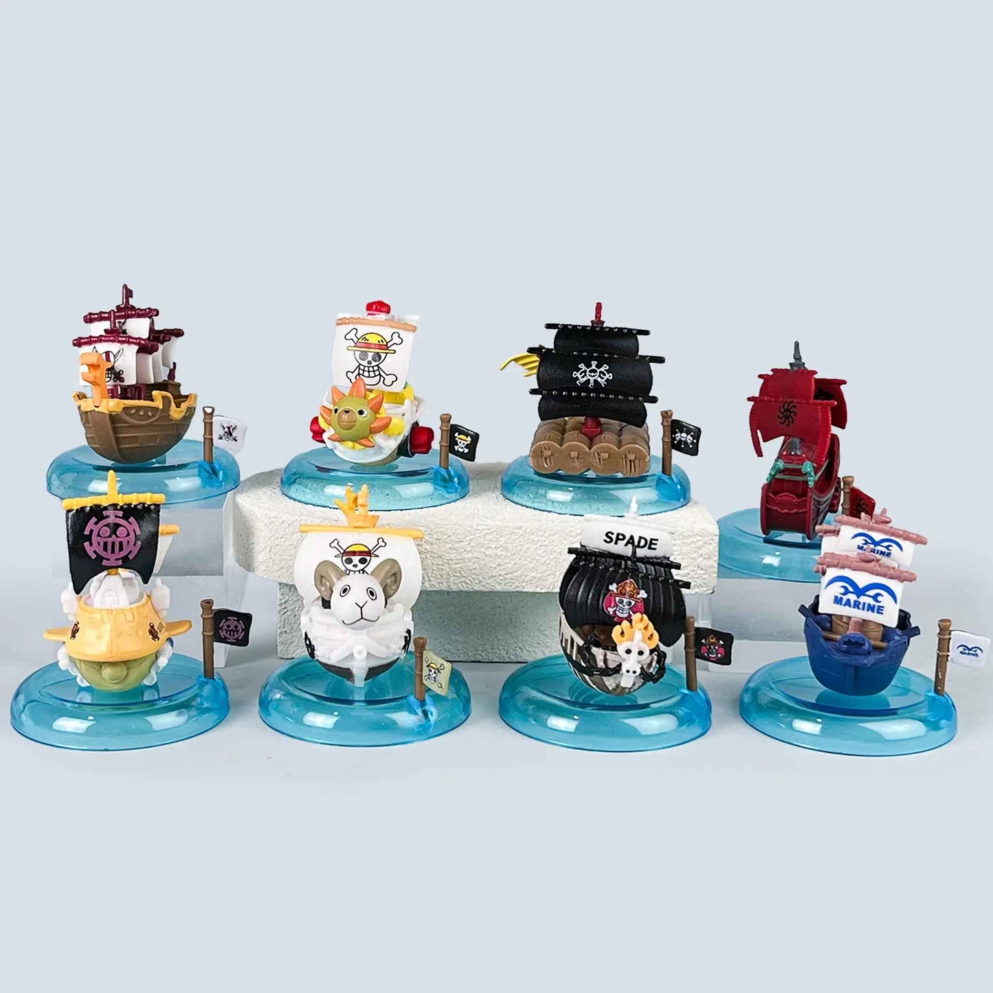 One Piece Pirate Ships Mini Figure Set – 8-Piece Box Collection with Display Bases, Thousand Sunny, Going Merry, and Captain Ships