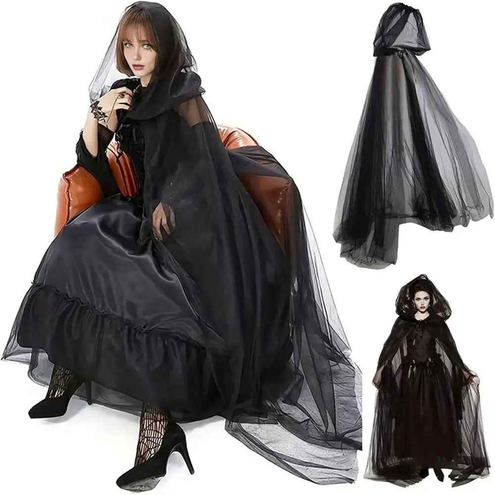 Gothic Black Tulle Hooded Cloak – Sheer Mesh Witch Veil Cape, Victorian Sorceress & Vampire Cosplay Costume Accessory for Halloween