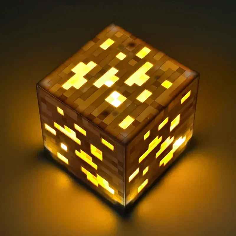Minecraft Glowstone / Gold Ore 3D LED Night Light – Interactive Tap Control Pixelated Cube Desk Lamp, Glow-in-the-Dark Gaming Room Decor & Geek Collectible