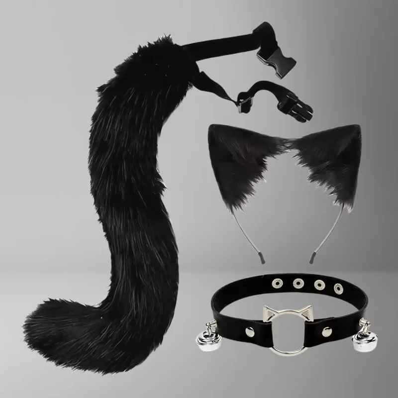 Plush Neko Cosplay Set – Faux Fur Cat Ears Headband, Adjustable Long Tail, and PU Leather Bell Choker 3-Piece Anime Costume Kit