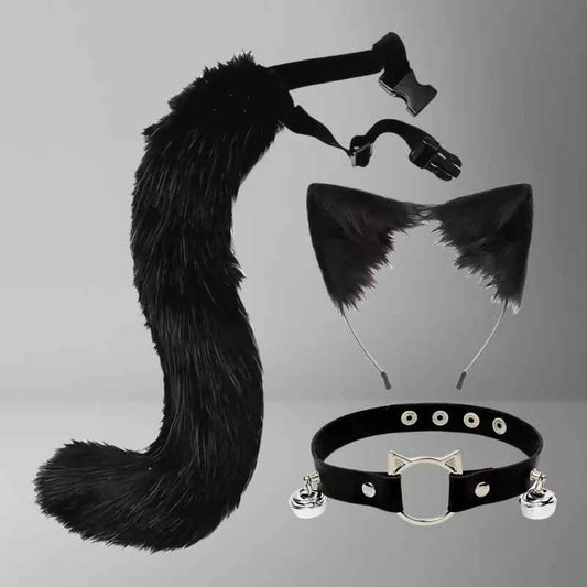 Plush Neko Cosplay Set – Faux Fur Cat Ears Headband, Adjustable Long Tail, and PU Leather Bell Choker 3-Piece Anime Costume Kit