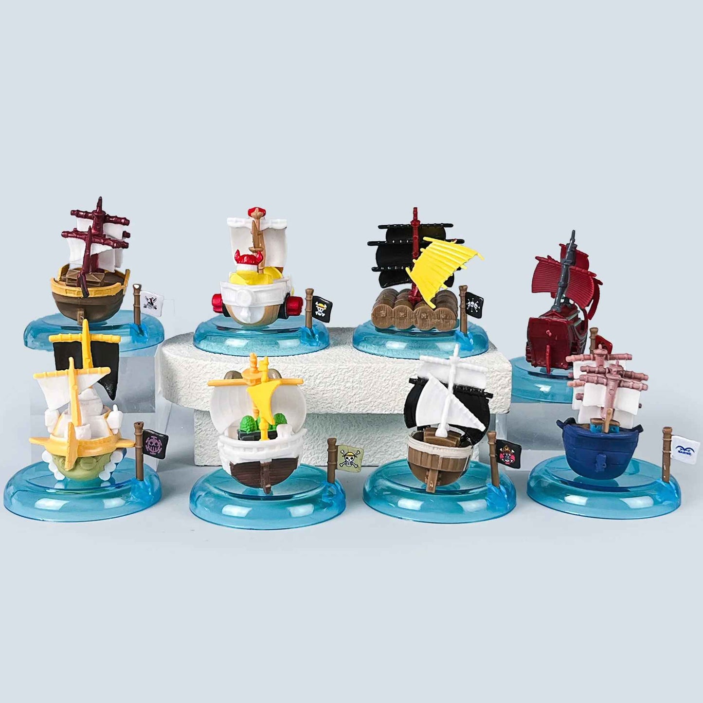 One Piece Pirate Ships Mini Figure Set – 8-Piece Box Collection with Display Bases, Thousand Sunny, Going Merry, and Captain Ships