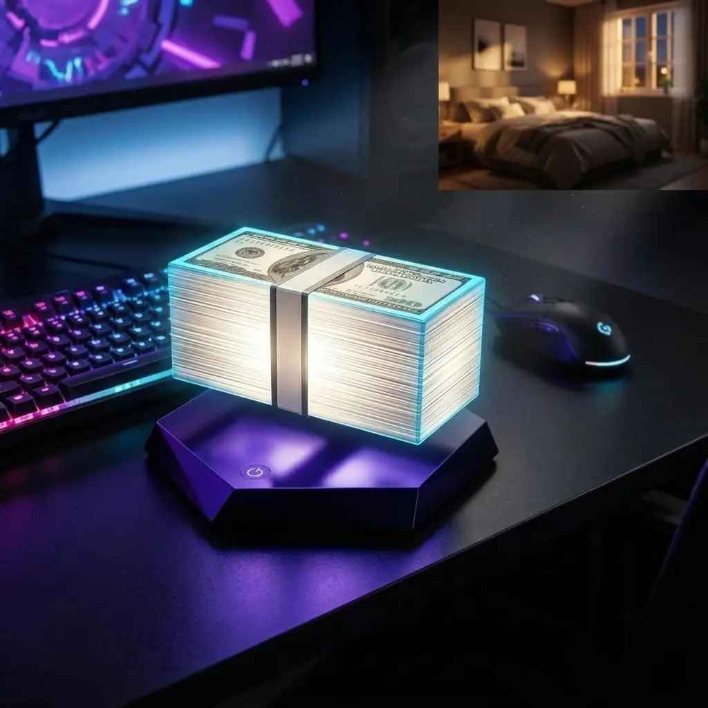 GTA-Inspired Floating Money Lamp – Magnetic Levitation LED 3D Stash Stack Desk Light, Futuristic Gamer Room Decor & Heist Aesthetic Night Light