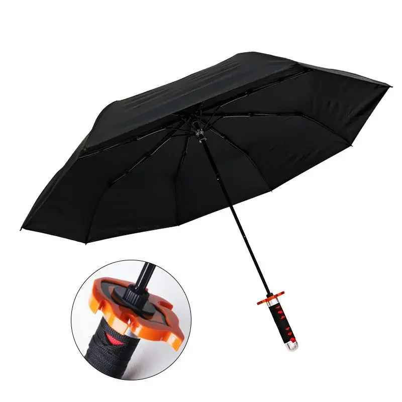 Black katana handle umbrella with orange Tsuba (guard), inspired by Kyojuro Rengoku from Demon Slayer.