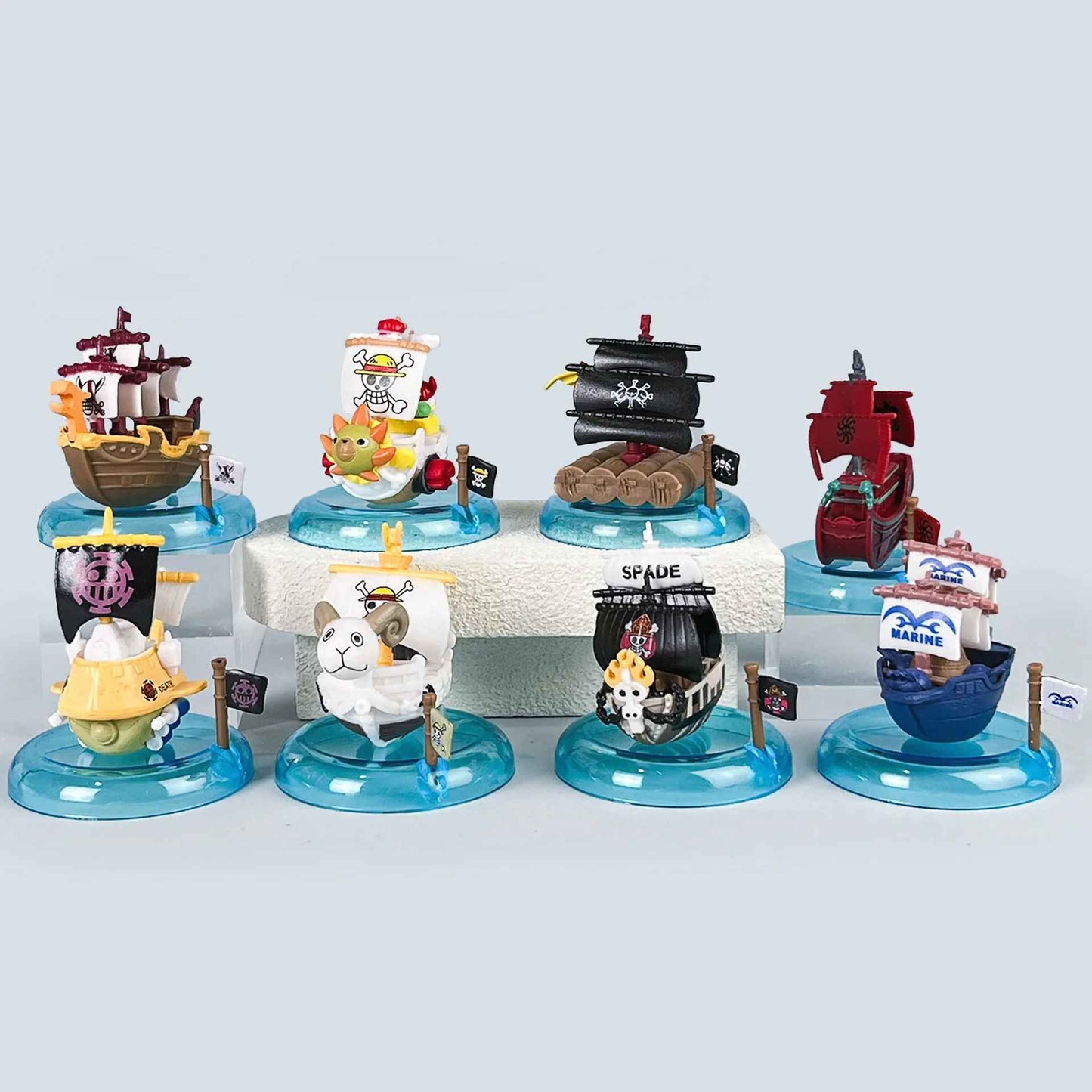 One Piece Pirate Ships Mini Figure Set – 8-Piece Box Collection with Display Bases, Thousand Sunny, Going Merry, and Captain Ships