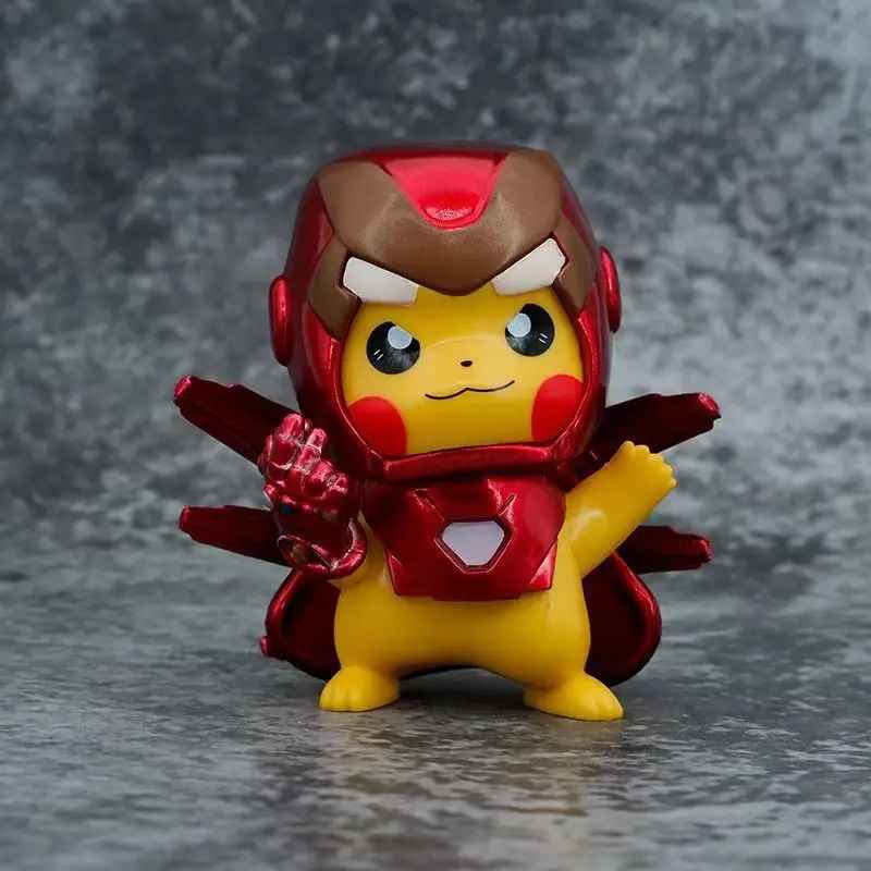 Pikachu Deadpool Iron Man Figure | Superhero Cosplay Chibi Marvel Pokémon Cross-Over Toy | Geekzillaa