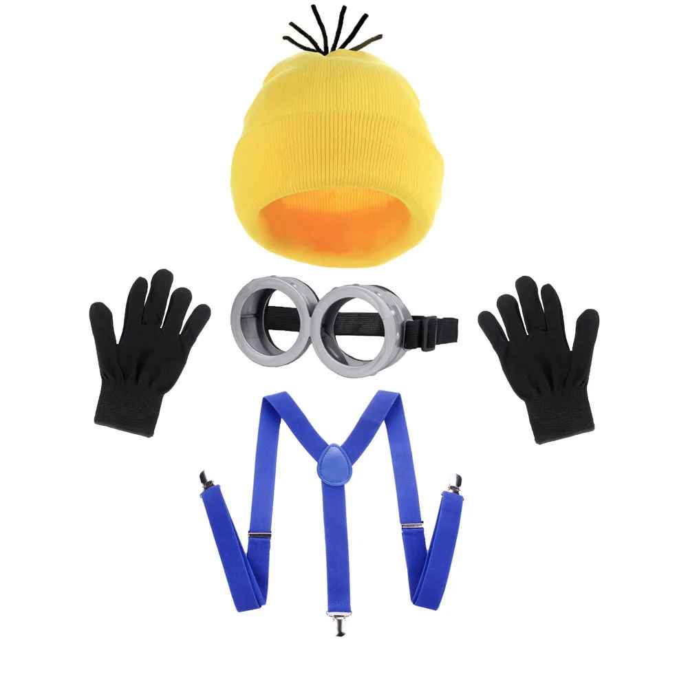 Adult Minion Cosplay Costume Accessory Set – 4-Piece Yellow Beanie, Double-Eye Steampunk Goggles, Blue Suspenders & Black Gloves Set, Halloween Pop Culture Costume Kit