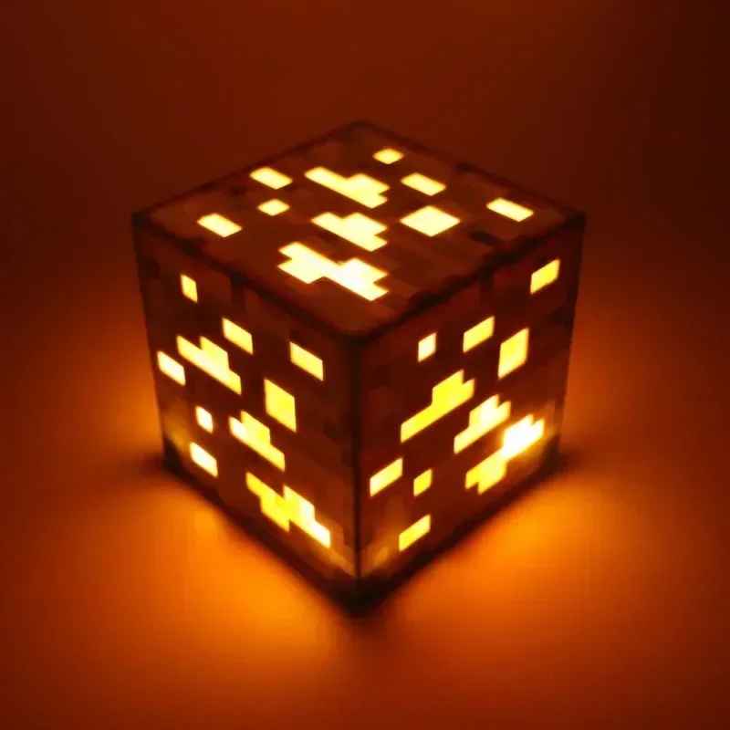 Minecraft Glowstone / Gold Ore 3D LED Night Light – Interactive Tap Control Pixelated Cube Desk Lamp, Glow-in-the-Dark Gaming Room Decor & Geek Collectible