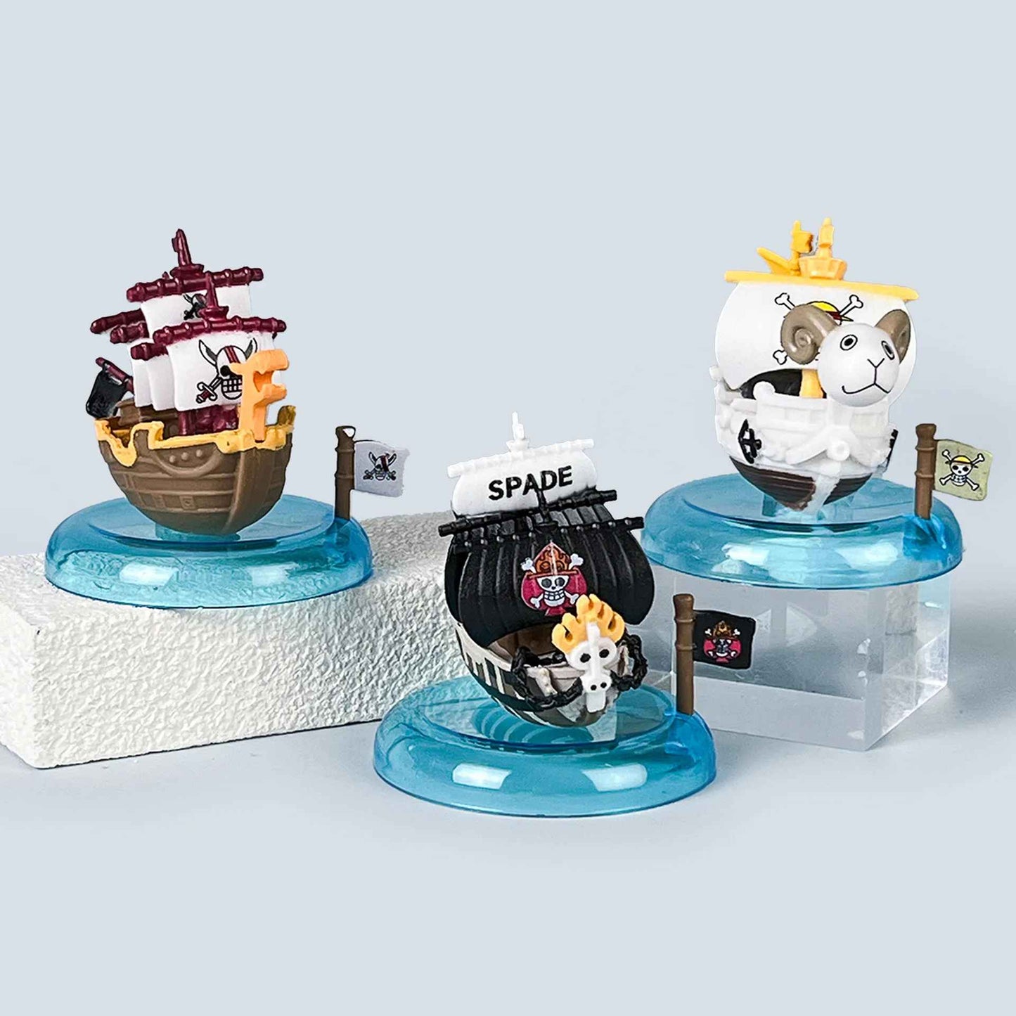 One Piece Pirate Ships Mini Figure Set – 8-Piece Box Collection with Display Bases, Thousand Sunny, Going Merry, and Captain Ships