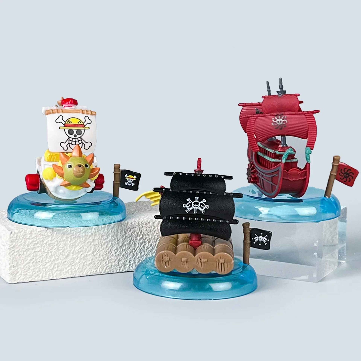 One Piece Pirate Ships Mini Figure Set – 8-Piece Box Collection with Display Bases, Thousand Sunny, Going Merry, and Captain Ships