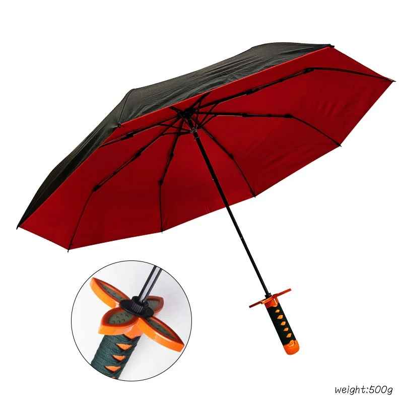 Black and red interior katana handle umbrella with green Tsuba (guard), inspired by Shinobu Kocho from Demon Slayer.