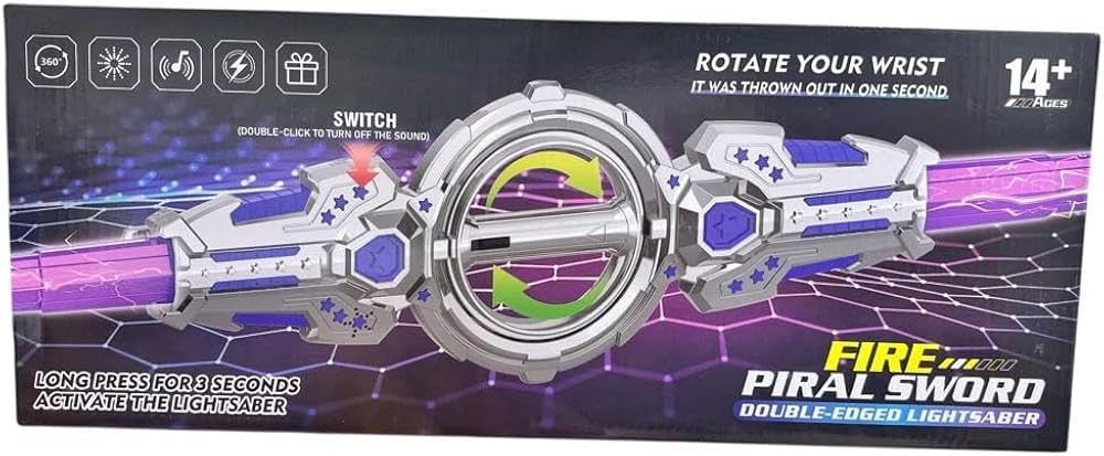 360° Rotating Double-Bladed LED Light & Sound Toy Sword – Futuristic Sci-Fi Weapon | Geekzilla