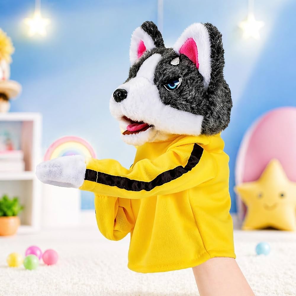 Husky Dog Hand Puppet in Yellow Hoodie – Interactive Plush Storytelling Toy | Geekzilla