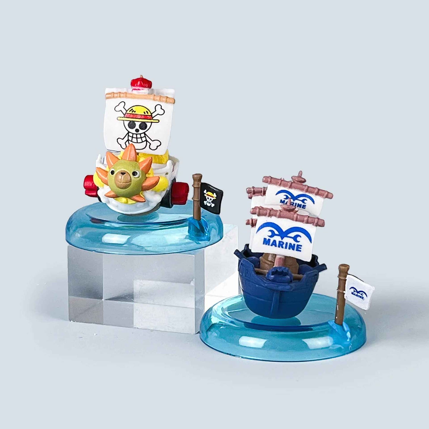 One Piece Pirate Ships Mini Figure Set – 8-Piece Box Collection with Display Bases, Thousand Sunny, Going Merry, and Captain Ships