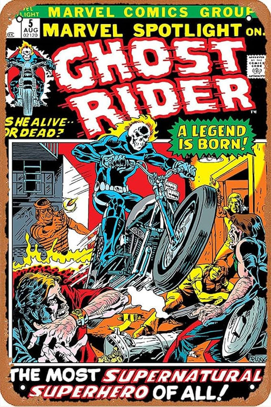 Vintage Ghost Rider No. 5 First Appearance Metal Comic Cover – Premium Retro Marvel Spotlight Tin Sign Wall Art