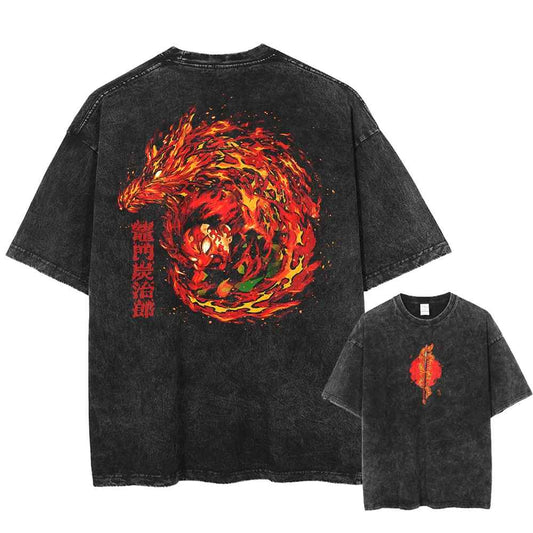 Tanjiro Kamado vintage acid wash T-shirt featuring Hinokami Kagura fire dragon back graphic and red sun front chest logo