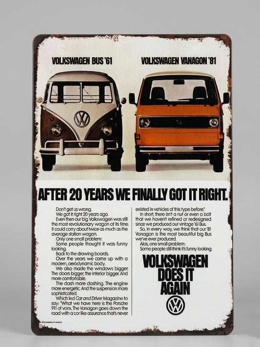 VINTAGE VOLKSWAGEN "AFTER 20 YEARS" RETRO ADVERTISING METAL TIN SIGN