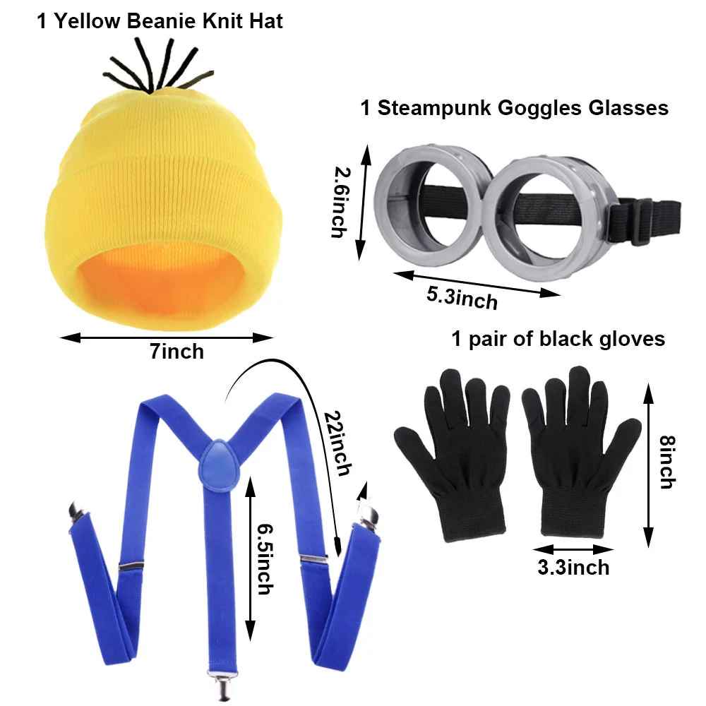 Adult Minion Cosplay Costume Accessory Set – 4-Piece Yellow Beanie, Double-Eye Steampunk Goggles, Blue Suspenders & Black Gloves Set, Halloween Pop Culture Costume Kit