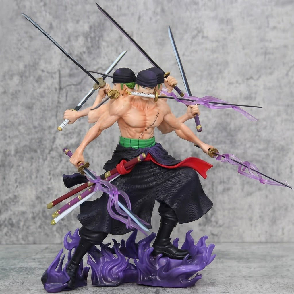 One Piece Roronoa Zoro Asura 3-Head Nine-Sword Style Anime Action Figure - PVC Statue with Purple Effect Base