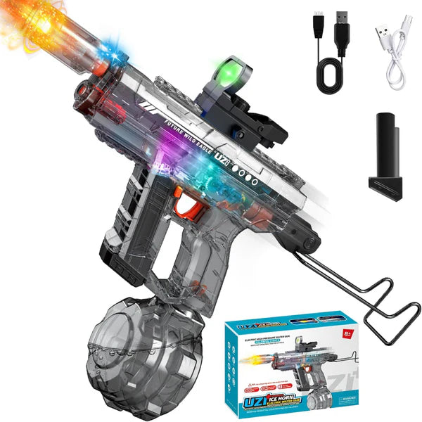 Electric UZI Ice Horn Water Gun – High-Pressure Automatic Blaster with Light Muzzle | Geekzilla
