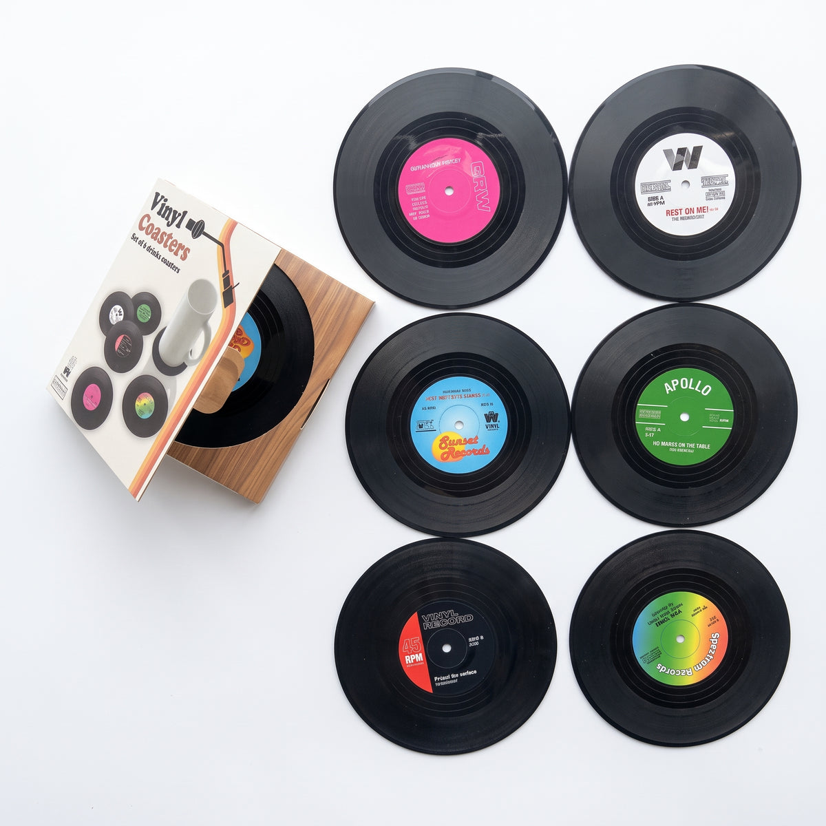 Retro Vinyl Record Coasters Set of 6 | Non-Slip Drink Coasters