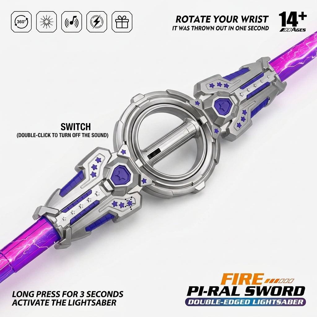 360° Rotating Double-Bladed LED Light & Sound Toy Sword – Futuristic Sci-Fi Weapon | Geekzilla