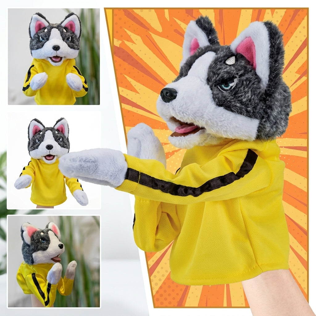 Husky Dog Hand Puppet in Yellow Hoodie – Interactive Plush Storytelling Toy | Geekzilla