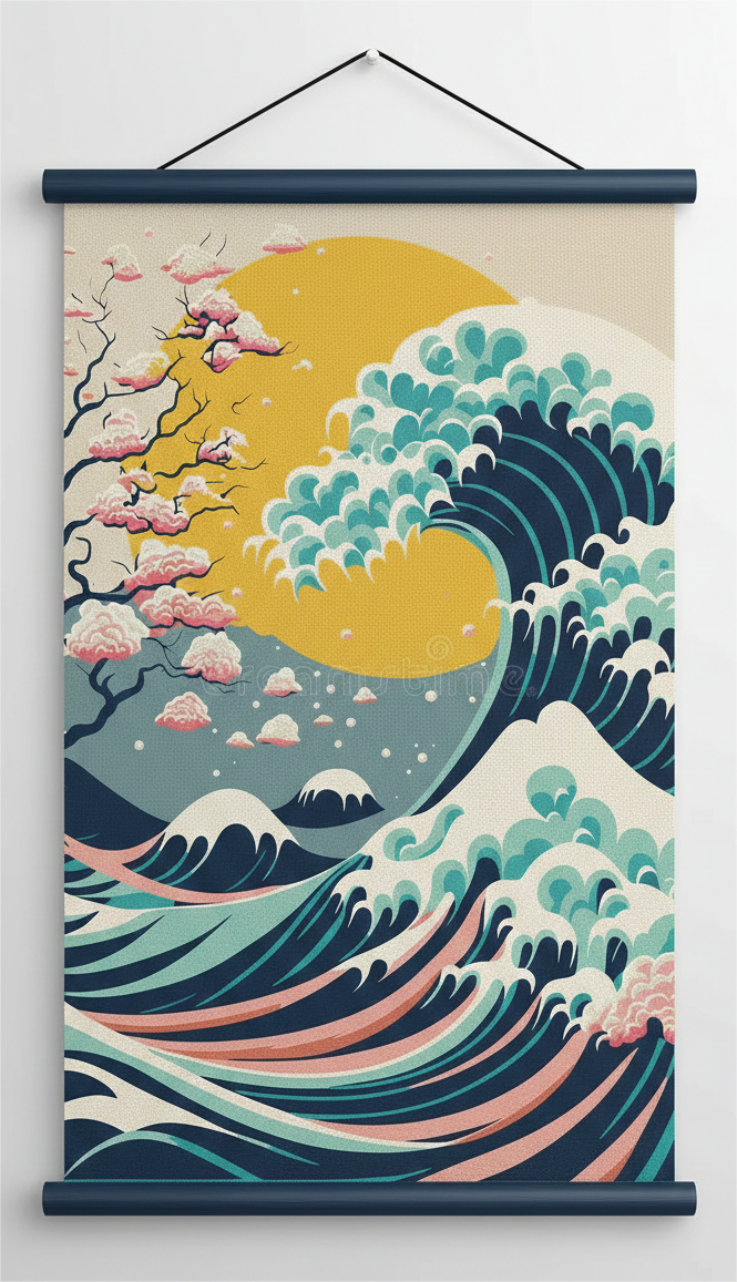 Japanese Art "The Great Wave & Cherry Blossom" Wall Scroll