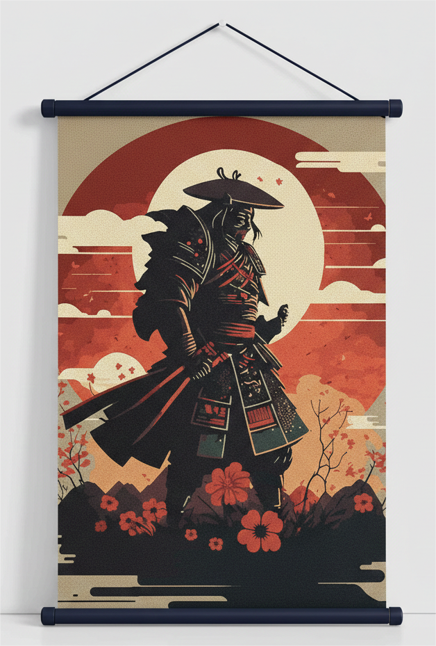 Japanese Samurai Warrior & Cherry Blossom Art Wall Scroll