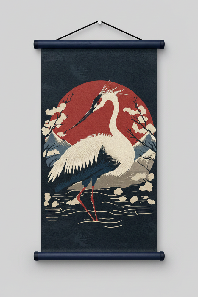 Japanese "Majestic Crane & Red Sun" Art Wall Scroll