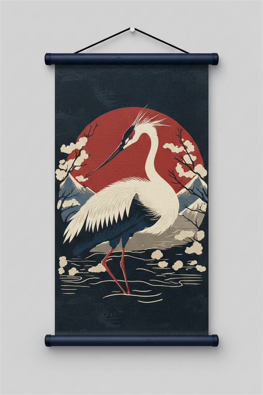 Japanese "Majestic Crane & Red Sun" Art Wall Scroll
