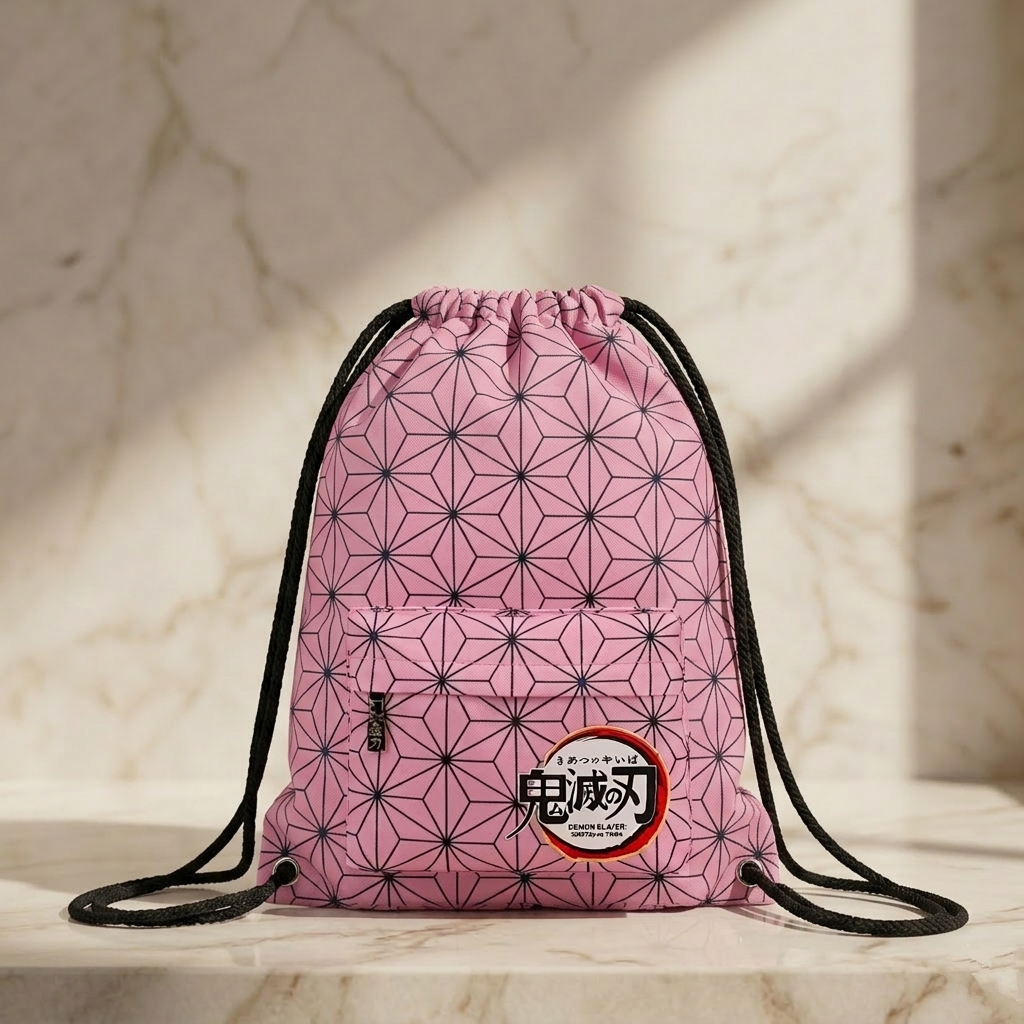 DEMON SLAYER "NEZUKO KAMADO" HEMP LEAF PATTERN DRAWSTRING BAG