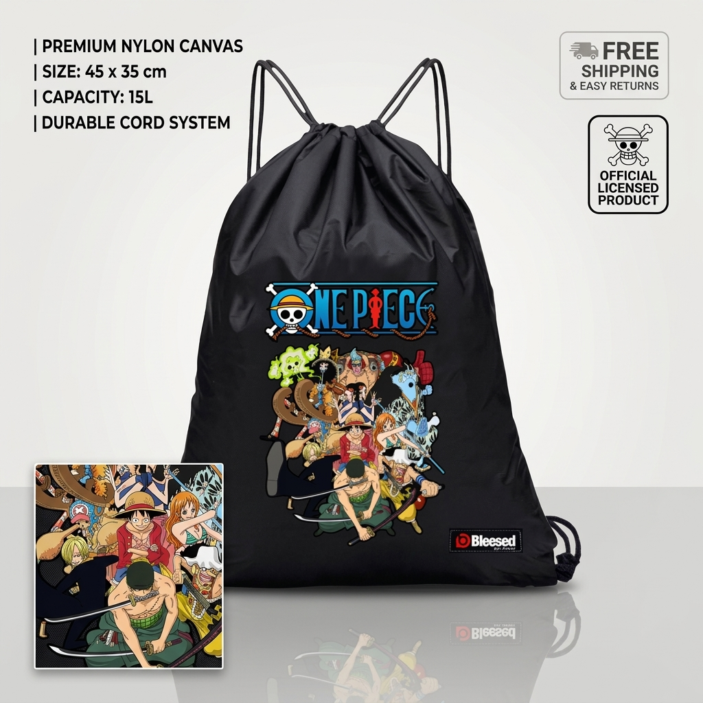 ONE PIECE "STRAW HAT CREW" PREMIUM NYLON CANVAS DRAWSTRING BAG