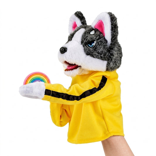 Husky Dog Hand Puppet in Yellow Hoodie – Interactive Plush Storytelling Toy | Geekzilla
