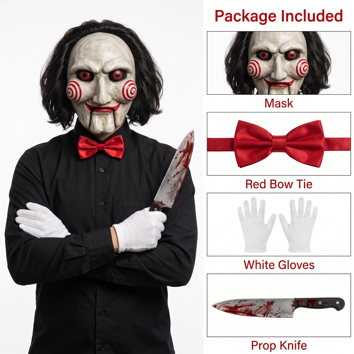 Saw Jigsaw Billy Puppet Mask & Prop Knife Costume Kit with Bow Tie & Gloves