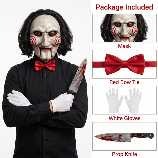 Saw Jigsaw Billy Puppet Mask & Prop Knife Costume Kit with Bow Tie & Gloves