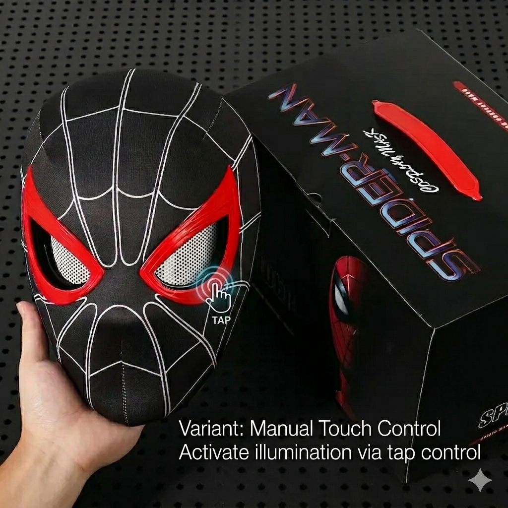 SPIDER MAN MILES MORALE BLACK COSPLAY HEAD MASK - 1:1 SCALE (LIFE-SIZE) WITH MOVING EYES - ELECTRONIC AND MANUAL VARIANT